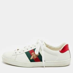 Gucci White Leather Embroidered Bee Web Ace Low Top Sneakers Size 41.5