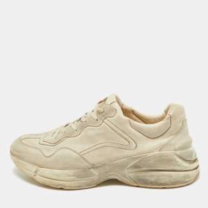 Gucci Off White Leather Distressed Rhyton Sneakers Size 46.5