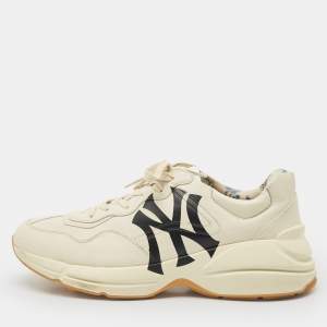 Gucci Mystic Cream Leather NY Yankees Rhyton Low Top Sneakers Size 44