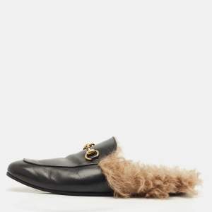Pre Owned Gucci Black Leather and Fur Princetown Flat Mules Size 43