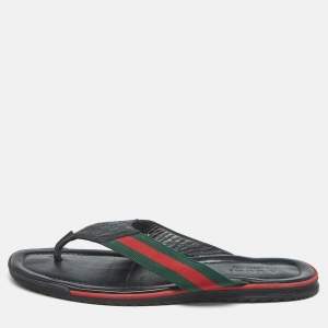 Gucci Black GG Leather Web Detail Thong Flat Sandals Size 44