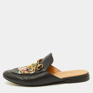 Gucci Black Tiger Embroidered Leather Princetown Horsebit Flat Mules Size 41