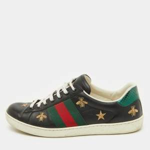 Gucci Black Leather Bee and Star Embroidered Ace Low Top Sneakers Size 41