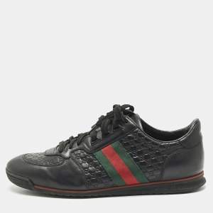 Pre Owned Gucci Black Guccissima Leather Web Low Top Sneakers Size 43