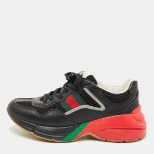 Pre Owned Gucci Black Leather and Mesh Web Rhyton Sneakers Size 41