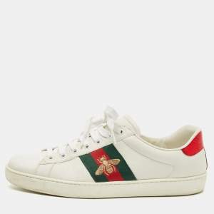 Pre Owned Gucci White Leather and Python Embossed Leather Web Ace Lace Up Sneakers Size 43
