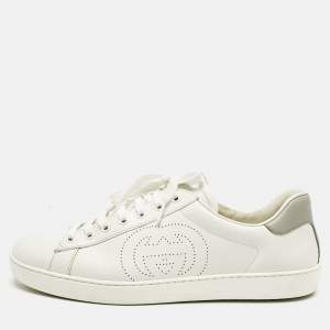 Pre Owned Gucci White/Grey Leather Perforated GG Ace Sneakers Size 44.5