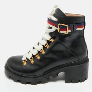 Pre Owned Gucci Black Leather Sylvie Ankle Length Boots Size 39