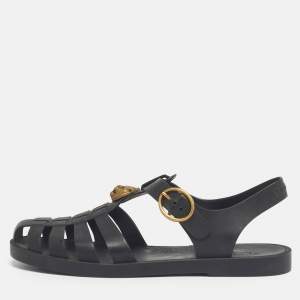 Pre Owned Gucci Black Rubber Tiger Head Flat Sandals Size 39