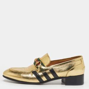 Pre Owned Gucci Gold Leather Horsebit Web Loafers Size 42