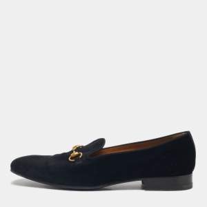Pre Owned Gucci Black Velvet Horsebit Slip On Loafers Size 44