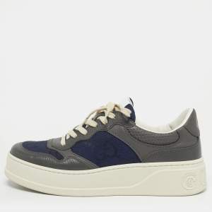 Pre Owned Gucci Blue/Grey Jumbo GG Canvas and Leather Low Top Sneakers Size 41