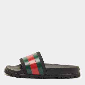 Pre Owned Gucci Black Rubber Web Pool Slides Size 45