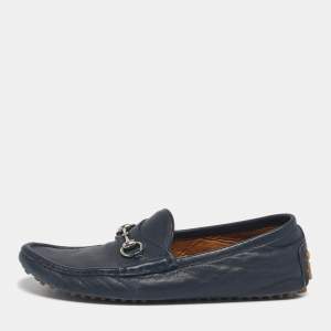 Pre Owned Gucci Navy Blue Leather Horsebit Slip On Loafers Size 42