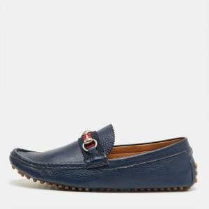 Pre Owned Gucci Navy Blue Leather Web Horsebit Loafers Size 42
