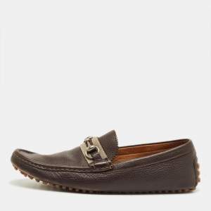 Pre Owned Gucci Dark Brown Leather GG Horsebit Web Detail Slip On Loafers Size 43.5