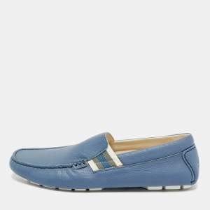 Pre Owned Gucci Blue Leather Slip On Driver Loafers Size 42