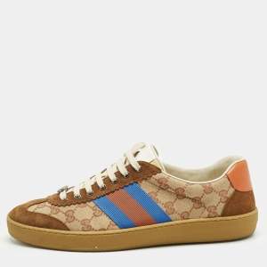 Pre Owned Gucci Brown/Beige GG Canvas and Suede G74 Web Low Top Sneakers Size 44