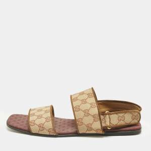 Pre Owned Gucci Beige/Brown GG Canvas and Suede Flat Slingback Sandals Size 43