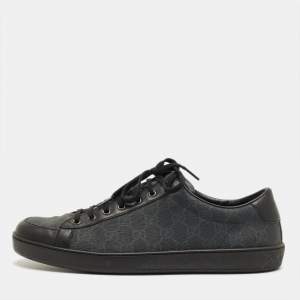 Pre Owned Gucci Black GG Canvas and Leather Lace Up Sneakers Size 45