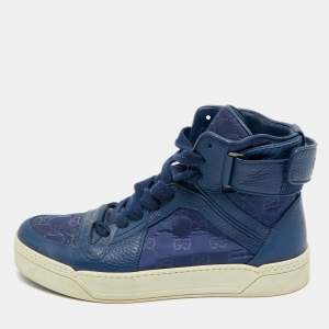 مملوكة مسبقًا Gucci Guccissima Size 43.5 Blue GG Nylon and Leather High Top Sneakers