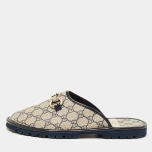 مملوكة مسبقًا Gucci Horsebit Size 41.5 Beige/Navy Blue GG Supreme Canvas and Leather Slipper Mules