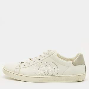 مملوكة مسبقًا حذاء رياضي غوتشي جلد أبيض/رمادي مع رباط مقاس 41