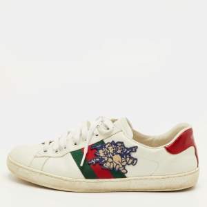 Pre Owned Gucci Ace Size 41 White Leather Disney 3 Little Pigs Embroidered Low Top Sneakers