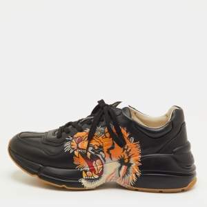Pre Owned Gucci Rhyton Size 41 Black Leather Low Top Sneakers