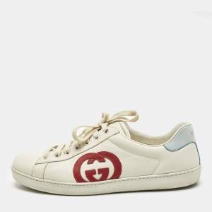 Pre Owned Gucci Interlocking G Size 43 Cream/Blue Leather and Suede Lace Up Sneakers