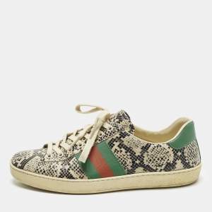 Pre Owned Gucci Ace Size 43 Cream Python Embossed Leather Lace Up Sneakers