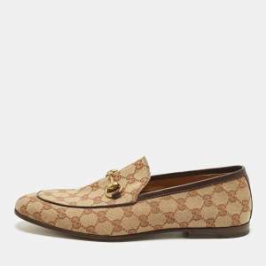 Pre Owned Gucci GG Jordaan Size 43 Beige Canvas and Leather Loafers
