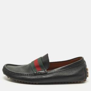 Pre Owned Gucci Web Size 42.5 Black Leather Slip On Loafers