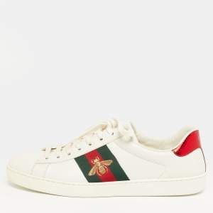 مملوكة مسبقًا Gucci Ace Size 43.5 White Leather and Python Embossed Web Lace Up Sneakers