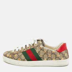 Pre Owned Gucci Ace Size 42.5 Beige Coated Canvas And Python Embossed Leather Sneakers