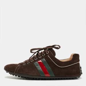Pre Owned Gucci Size 41.5 Brown Suede Web Lace Up Sneakers