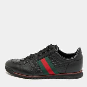 مملوكة مسبقًا Gucci Guccissima Size 42 Black Leather Web Lace Up Sneakers