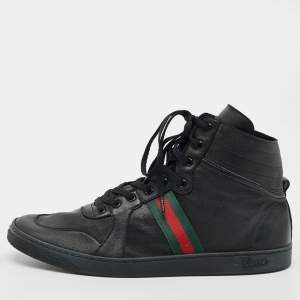 مملوكة مسبقًا Gucci Size 46 Black Leather Web Detail High Top Sneakers