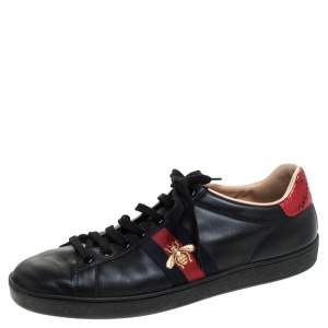 Gucci Black Leather Ace Web Bee Low Top Lace Up Sneakers Size 39.5