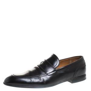 Gucci Black Leather Web Detail Penny Loafers Size 42