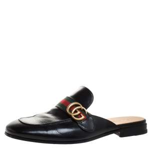 Gucci Black Double G Leather Princetown Flat Mules Size 42.5
