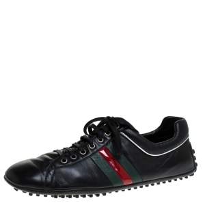 Gucci Black Leather Perforated Detail Web Low Top Sneakers Size 44.5