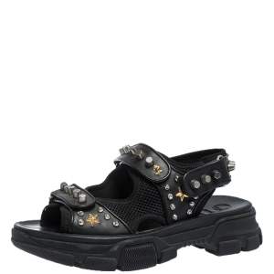 Gucci Black Leather And Mesh Aguru Studded Platform Sandals Size 41