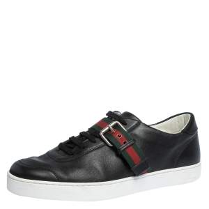 Gucci Black Leather Saville Web Detail Buckle Sneakers Size 42