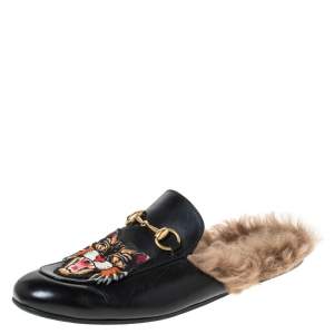 Gucci Black Tiger Embroidered Leather and Fur Lined Princetown Mules Size 40