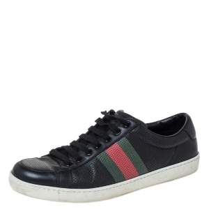Gucci Black Perforated Leather Web Detail Low Top Sneakers Size 42.5