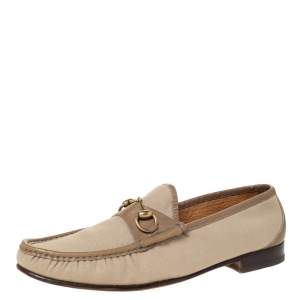 Gucci Beige Canvas And Leather Trim Horsebit Slip On Loafers Size 45