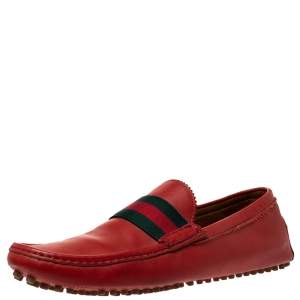 Gucci Brick Red Leather Web Detail Loafers Size 45