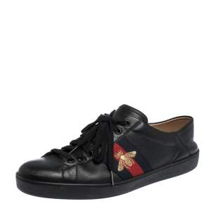 Gucci Black Leather Ace Web Bee Low Top Lace Up Sneakers Size 43.5