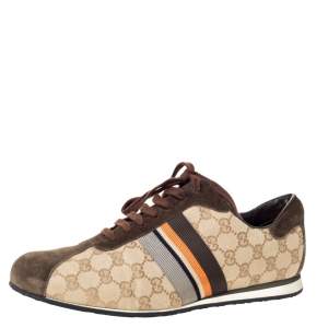 Gucci Beige GG Monogram Canvas and Brown Suede Web Lace Up Sneakers Size 43.5